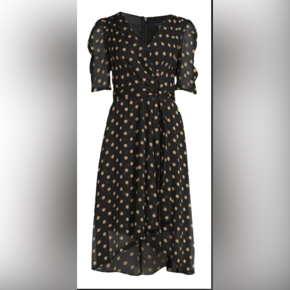 Tommy Hilfiger Black and Tan Polka Dot Faux Wrap Chiffon Dress with Sleeves